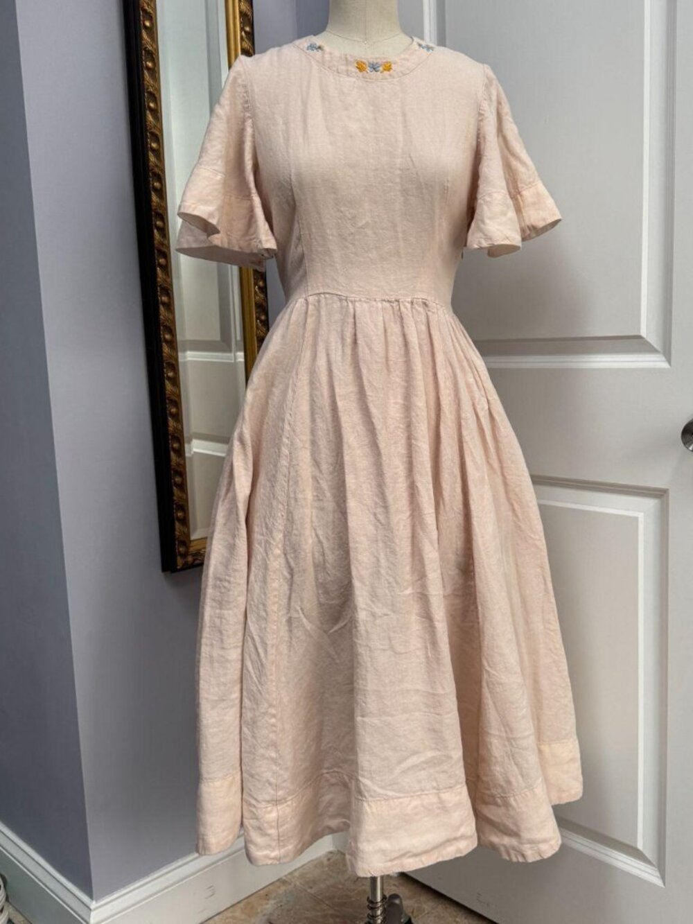 Son de Flor Linen Butterfly Dress in Seashell Pink XS with hand embroidery